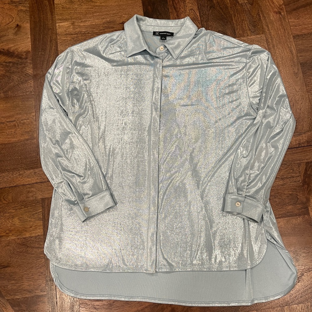 INC International Concepts Women’s  Lt Blue Shimmer Blouse Shirt Size L